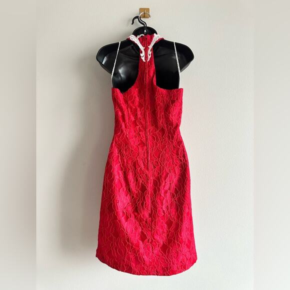 Vintage 90s Roberta Red Lace Mini Dress with Victorian Collar Detail – Size 9/10 - Picture 6 of 9